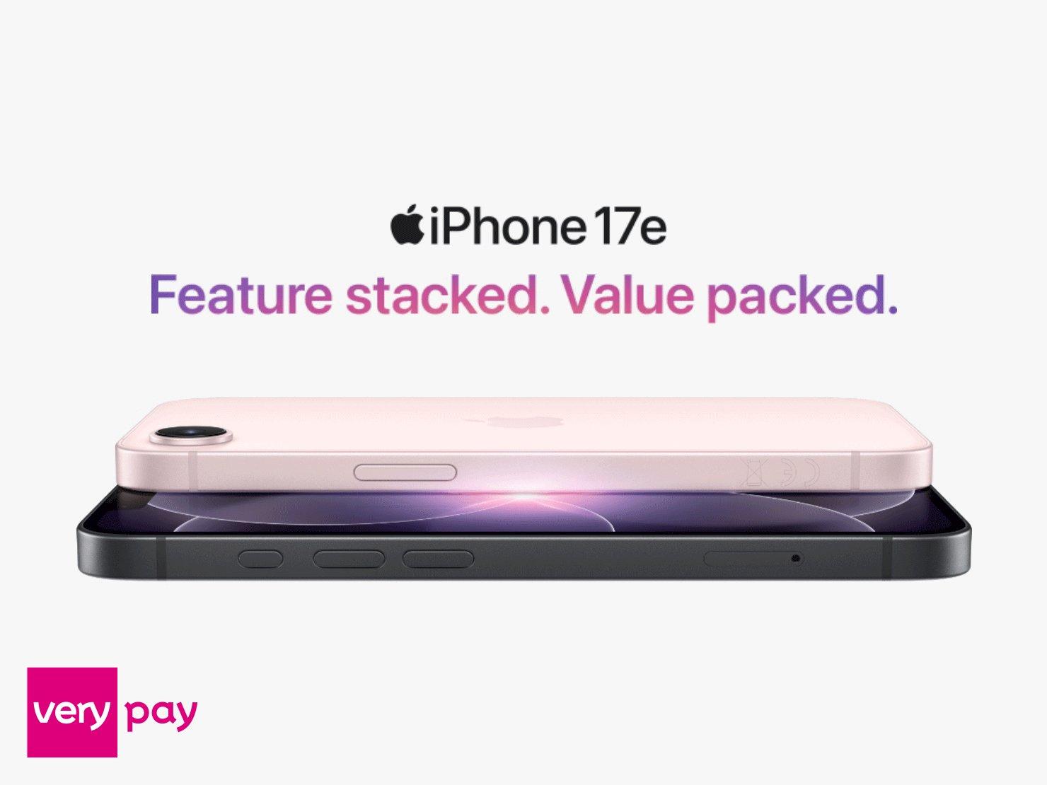 iPhone 17e from £19.83 a month, £599 with an Instalment Plan over 36 months at 11.9% p.a.  Total £713.88. Illustrative example.