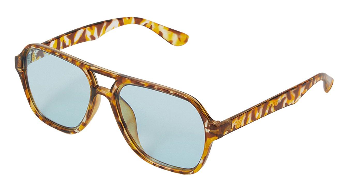 A pair of tortoise shell aviator sunglasses with blue tinted lenses