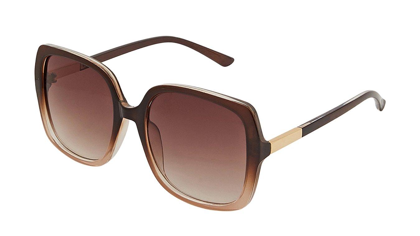 A pair of square, oversized sunglasses with a brown frame and brown lenses.