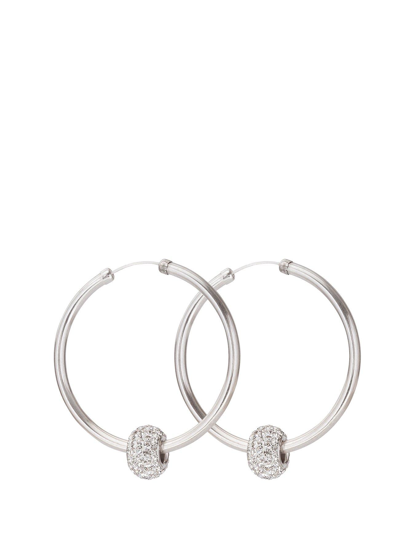 Product photograph of The Love Silver Collection Sterling Silver 40mm Crystal Glitter Slider Hoops from very.co.uk