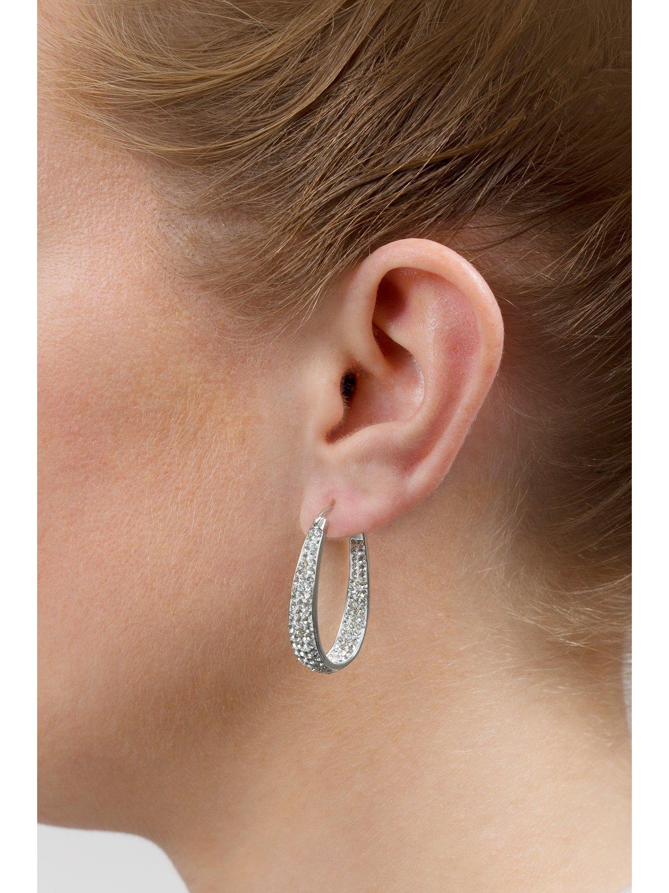 Image 2 of 2 of The Love Collection Sterling Silver Double Crystal Set Oval Creole Earrings