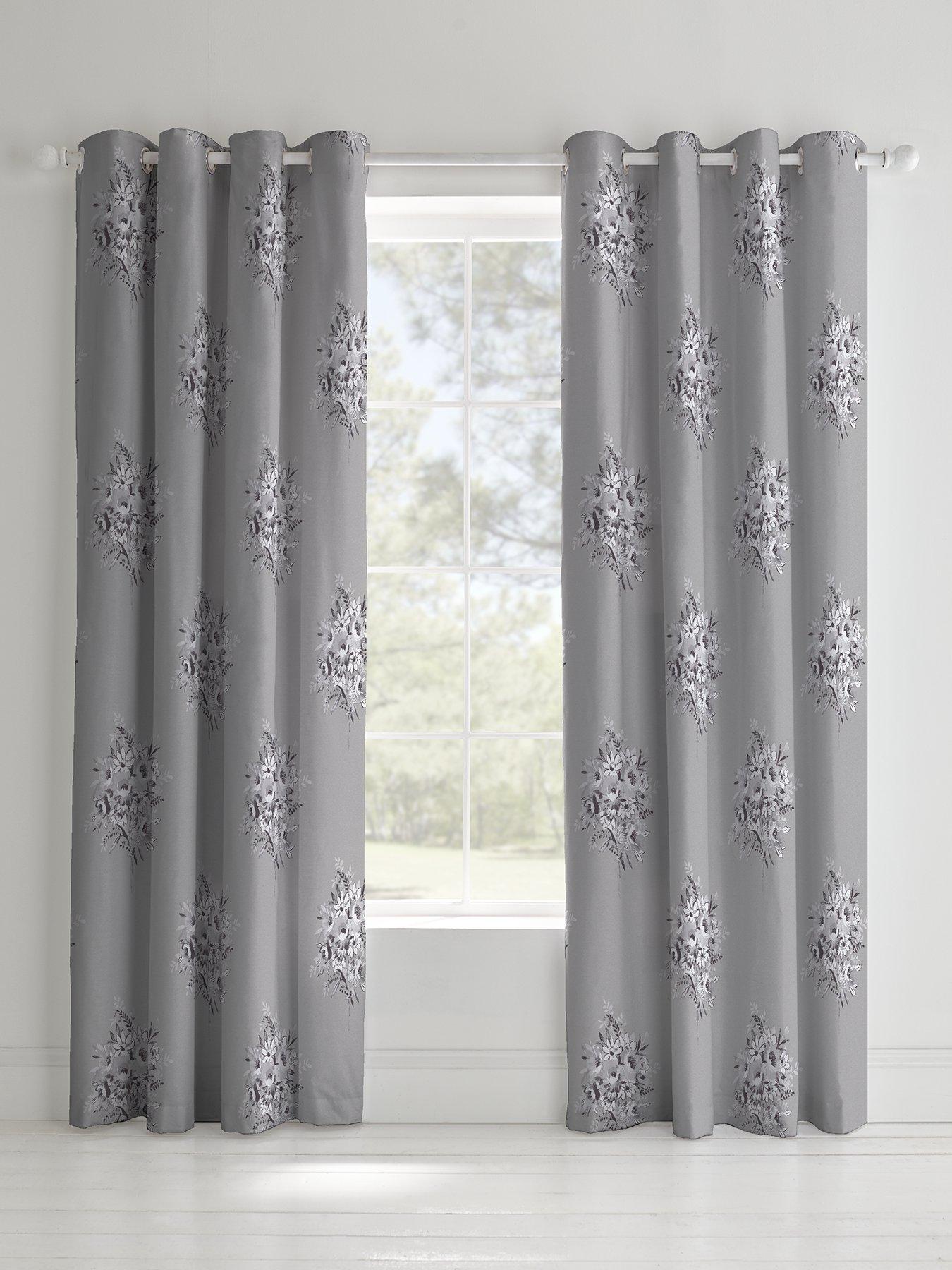 FLORAL FLOWER BOUQUET GREY WHITE 66X72” 168X183CM LINED RING TOP CURTAINS DRAPES 