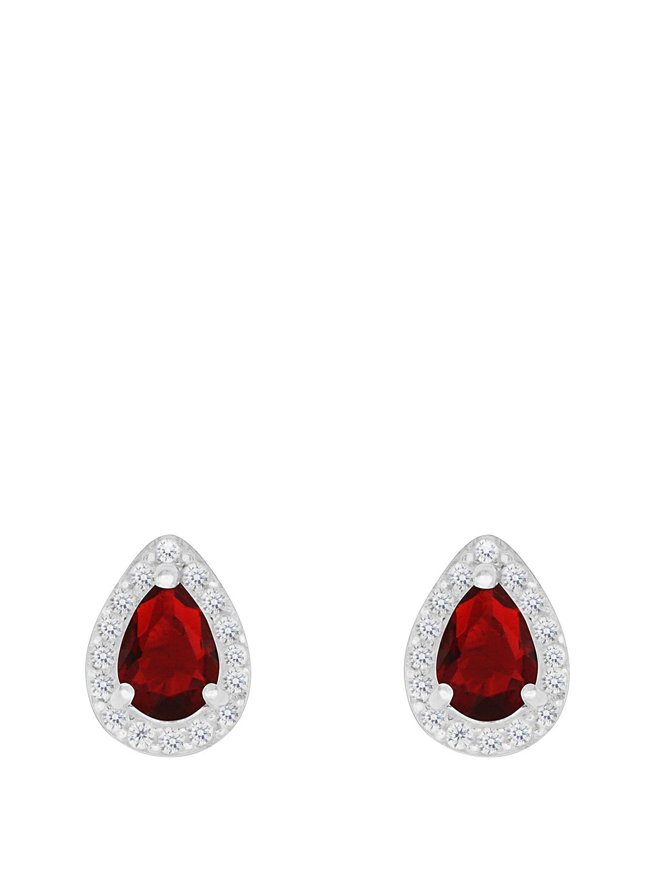 Women Sterling Silver Red and White Cubic Zirconia Peardrop Stud Earrings