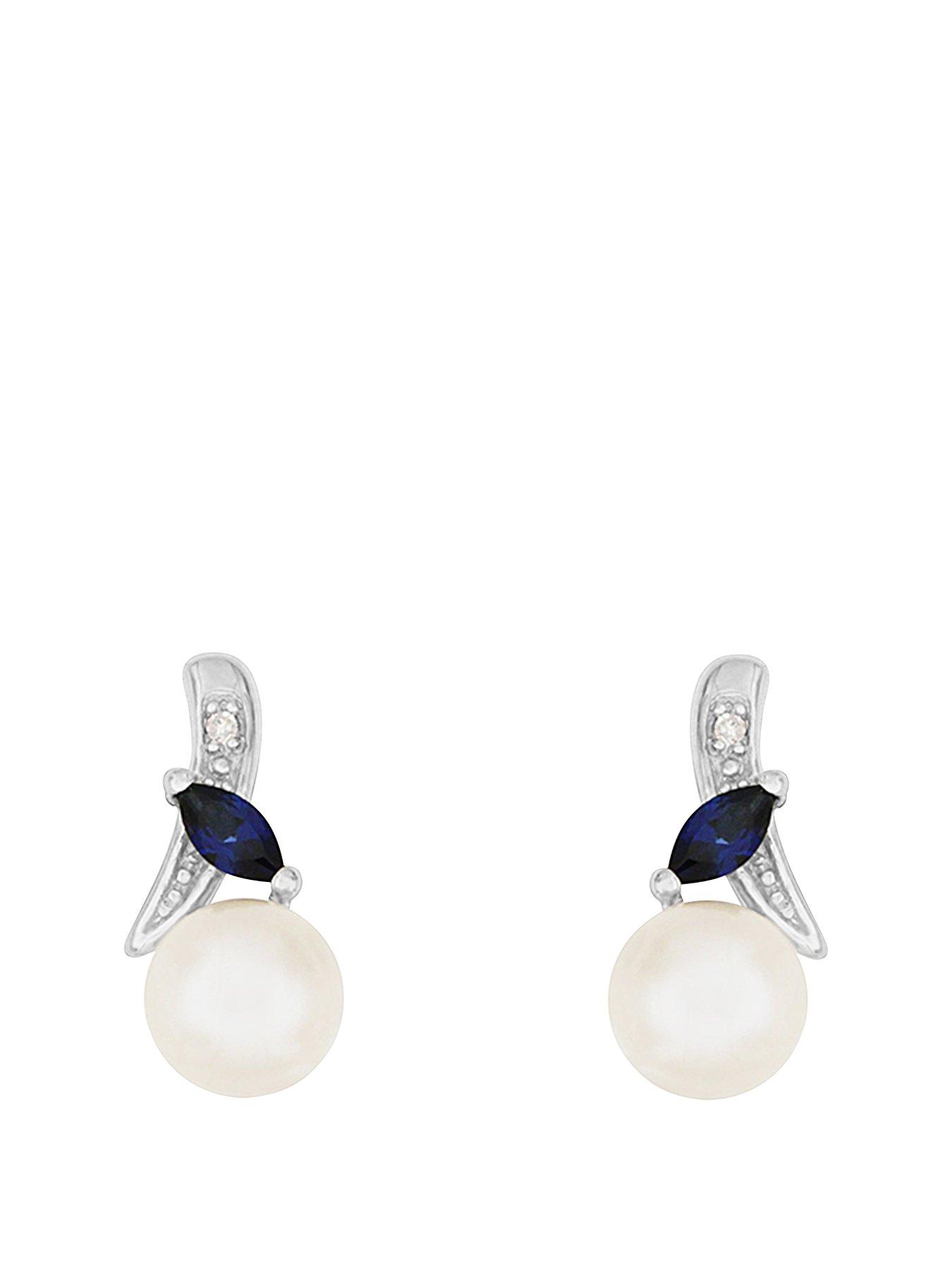 Jewellery & watches 9ct White Gold Diamond Set Freshwater Pearl and Created Sapphire Earrings