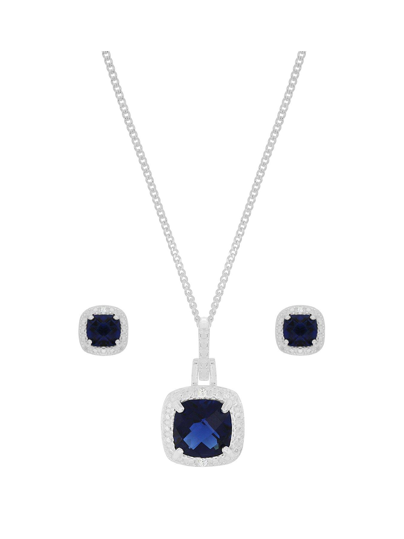  Sterling Silver Blue and White Cubic Zirconia Cushion Cut Necklace and Earring Set