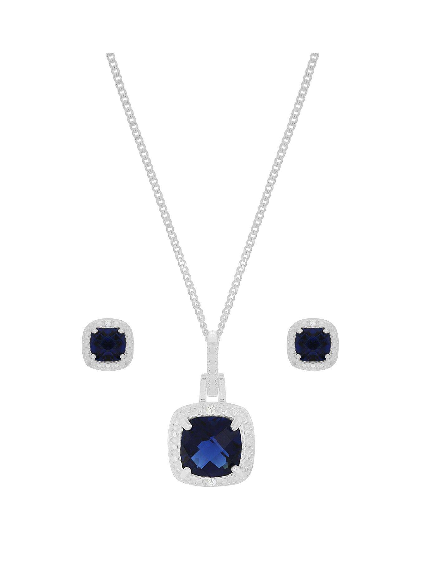 The Love Collection Sterling Silver Blue and White Cubic Zirconia Cushion Cut Necklace and Earring Set