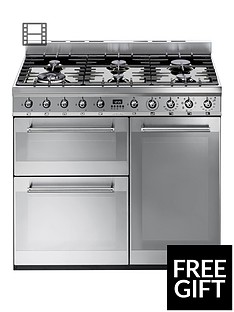 Smeg SY93 90cm Dual Fuel 3 Cavity Range Cooker with Gas Hob - Stainless Steel