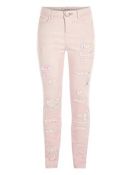 Girls light pink ripped skinny sequin jeans - Denim - Sale - girls Girls light pink ripped skinny sequin jeans - Denim - Sale - girls