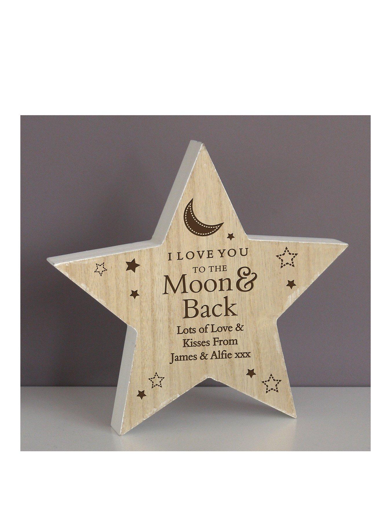 Product photograph of The Personalised Memento Company Personalised Moon Amp Back Wooden Star from very.co.uk