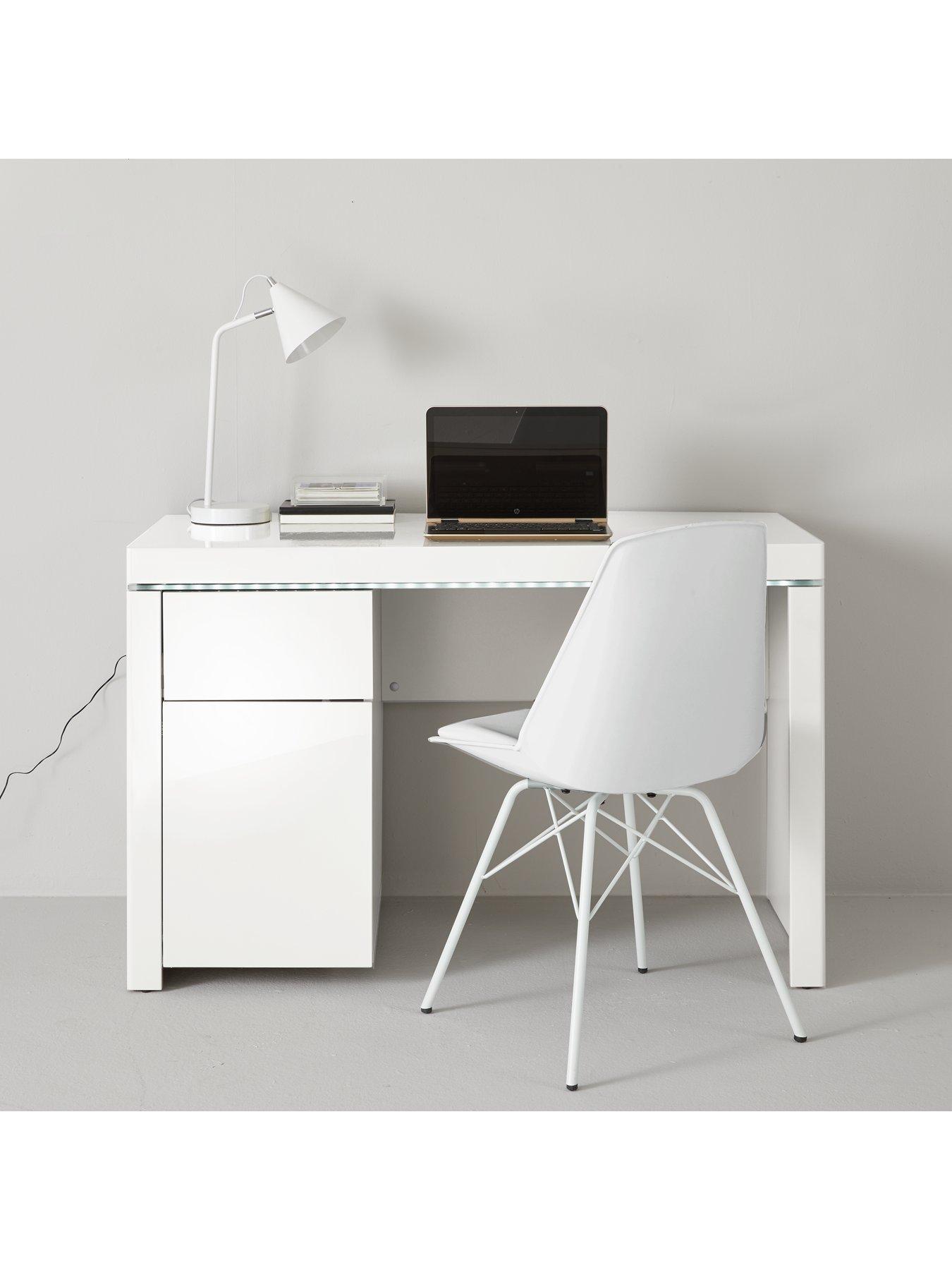 white desk with lights