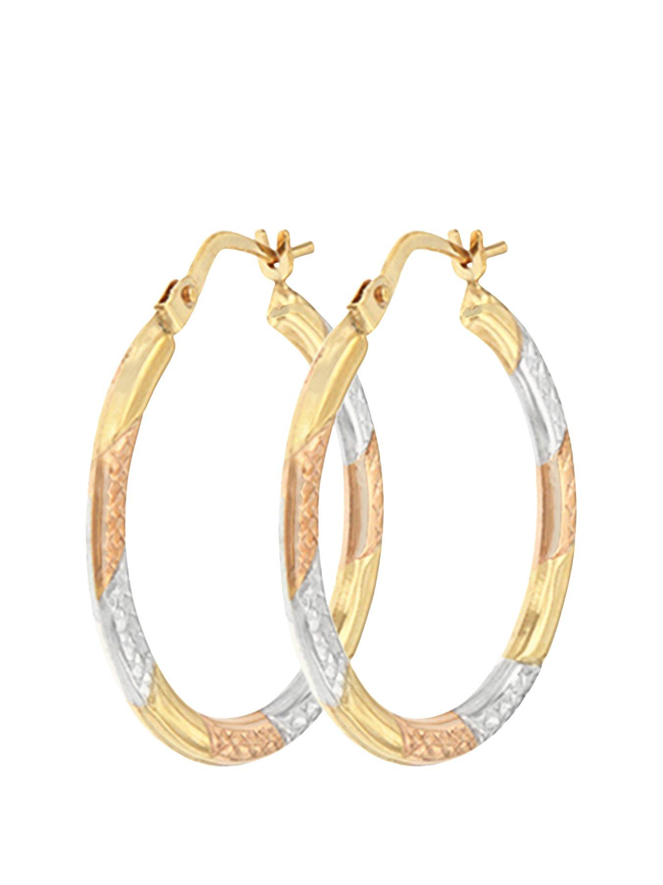 The Love Collection Bracci 9CT 3 Col Diamond Cut 24mm Hoop Creole Earrings