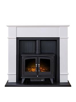 Product photograph of Adam Fires Fireplaces Oxford Stove Suite In Pure White With Woodhouse Electric Stove from very.co.uk