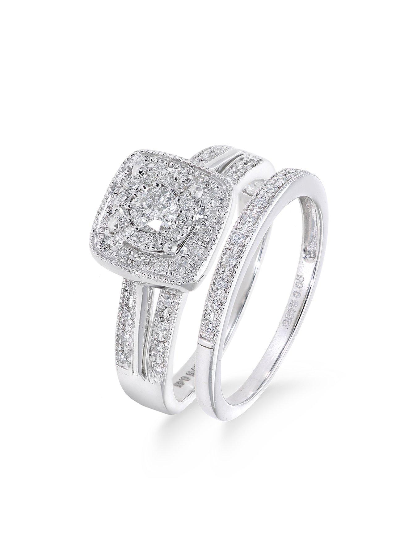Jewellery & watches 9ct White Gold 50 Point Diamond Square Set Split Shoulder Bridal Set Of Two Rings