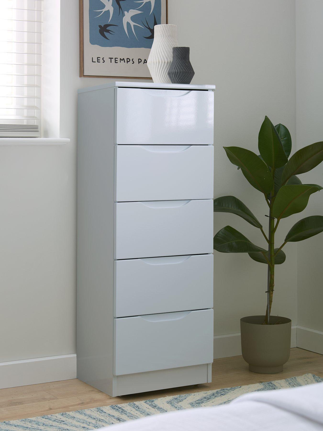 undefined Monaco Ready Assembled High Gloss 5 Drawer Tallboy - Express Delivery available