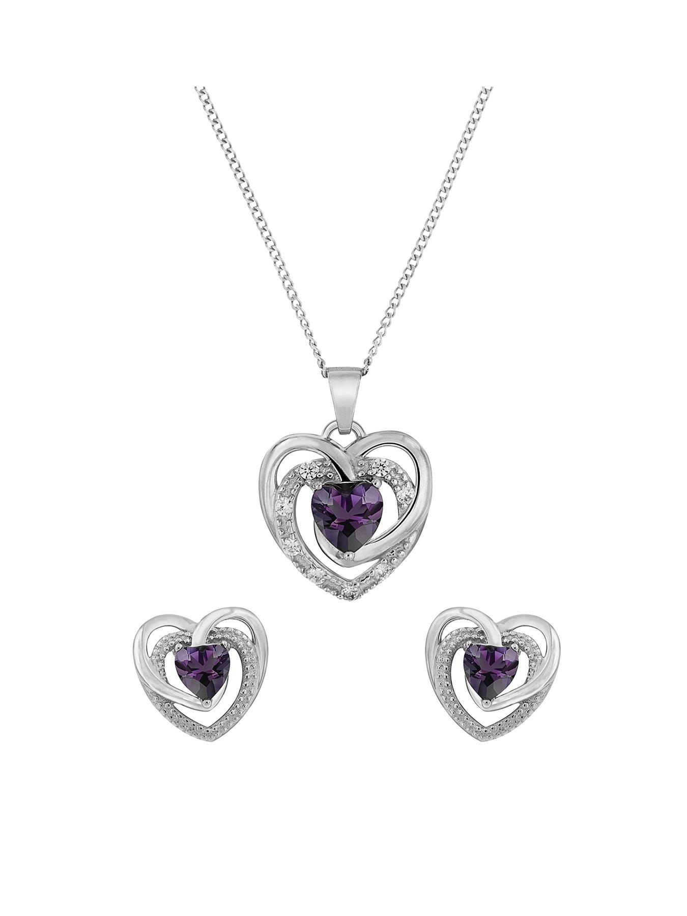 Women Sterling Silver Lavender Cubic Zirconia Heart Pendant and Earring Set