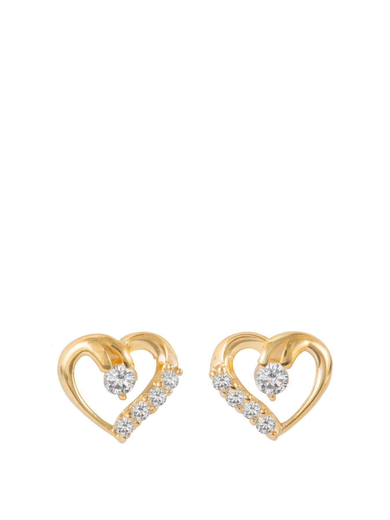 Women 9ct Yellow Gold 6mm Heart CZ Stud Earrings