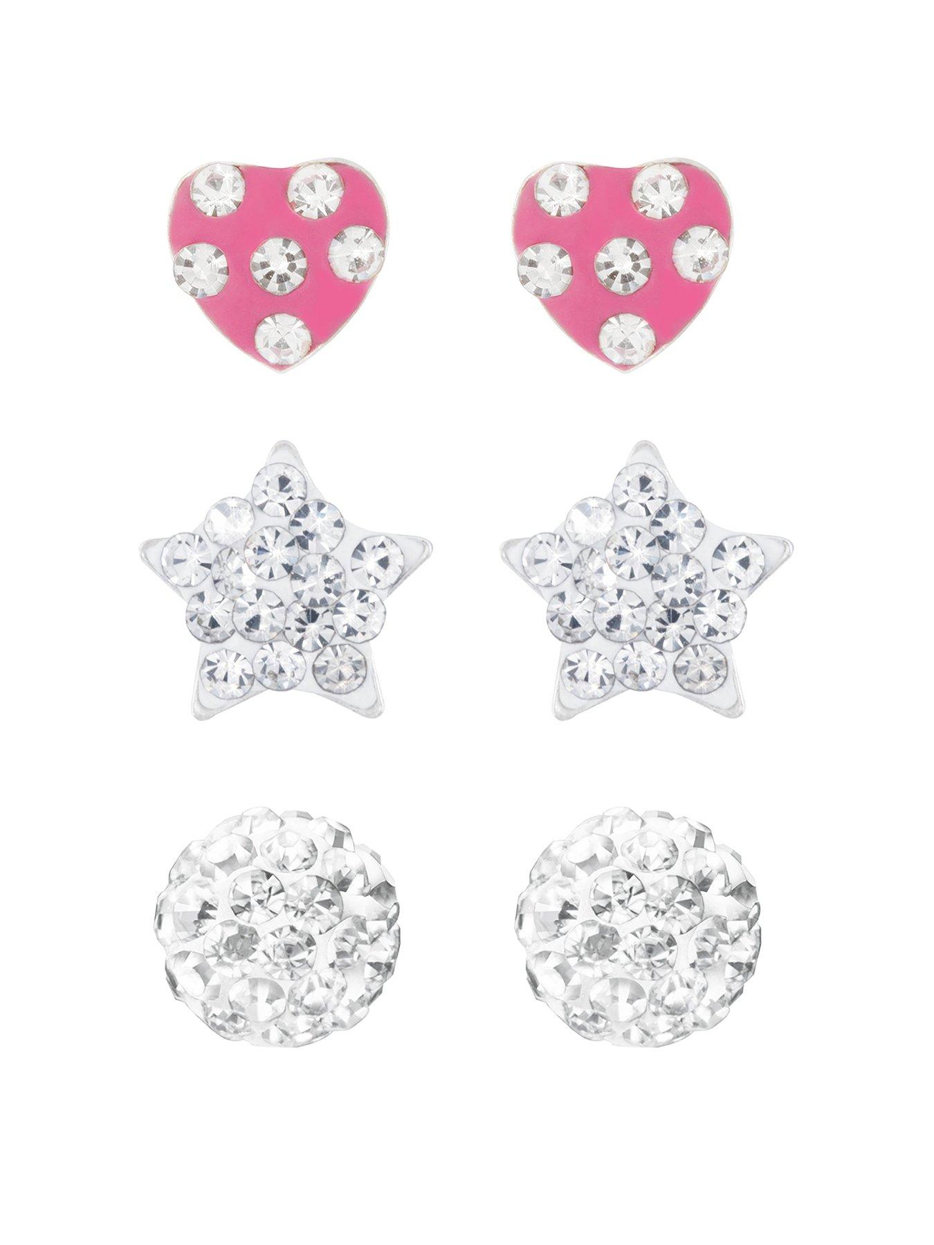 Image 1 of 6 of The Love Collection Sterling Silver Ball, Heart and Star Crystal Stud Childrens Set of 3 Earrings