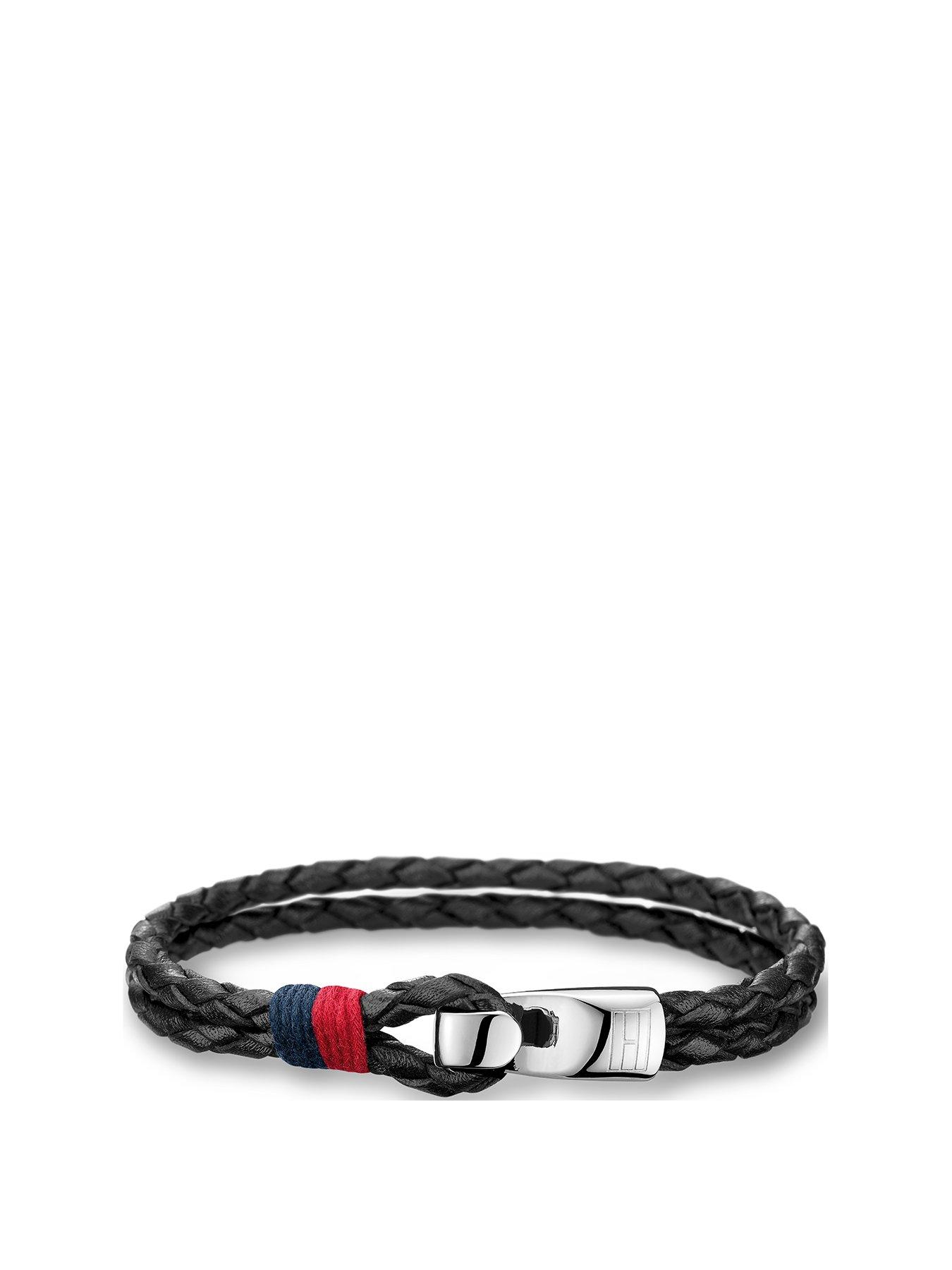 tommy hilfiger mens black leather bracelet