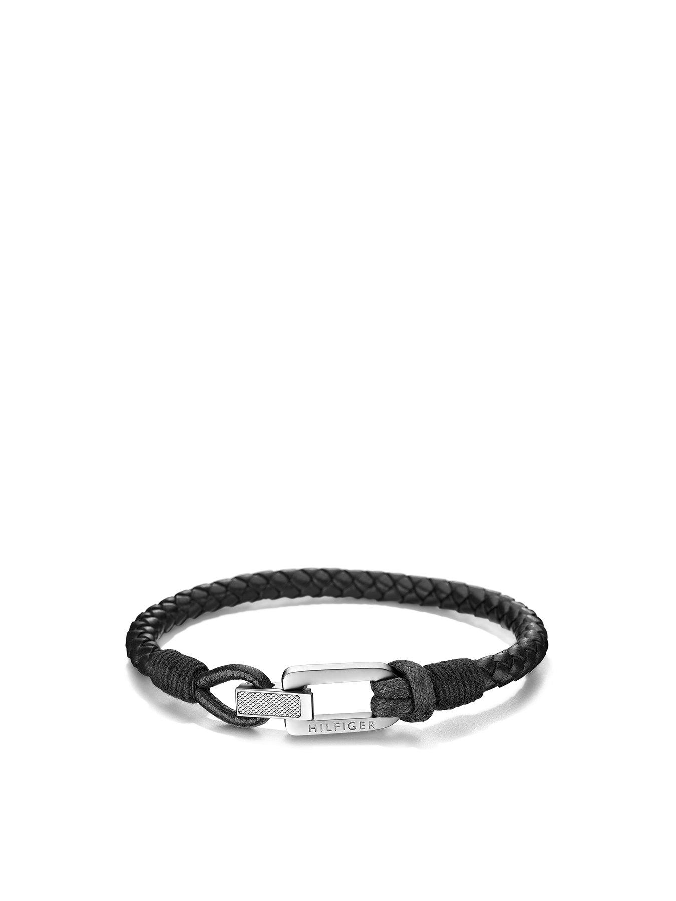 tommy hilfiger mens black leather bracelet