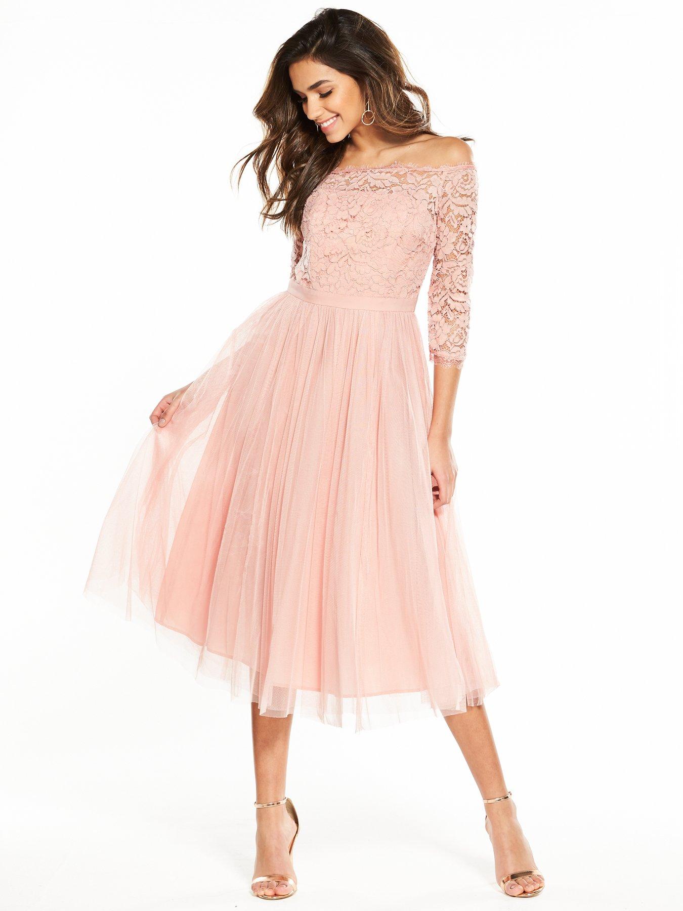 V by Very  Bridesmaid  Lace Bardot Tulle Prom  Dress  Blush 