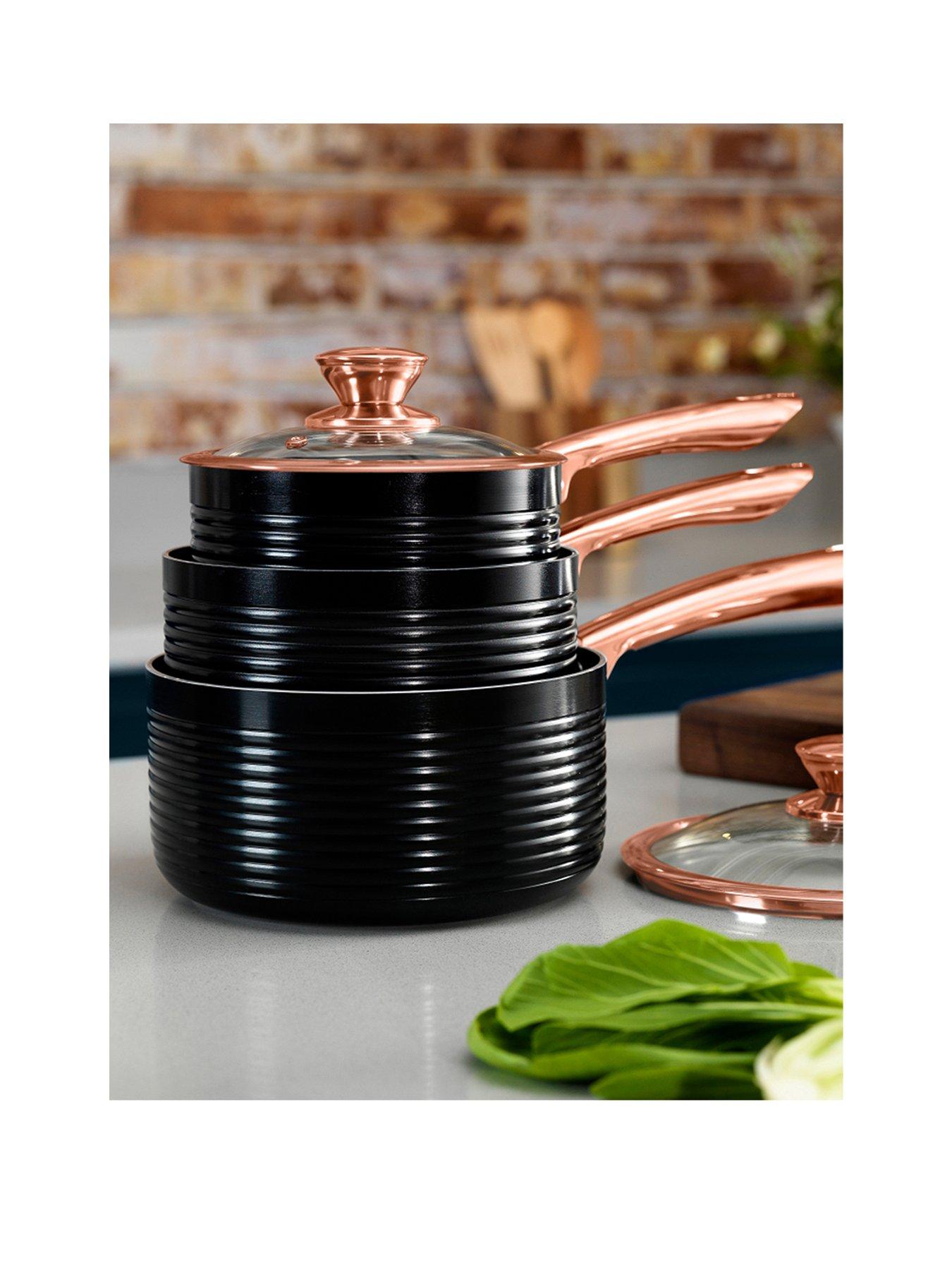 Product photograph of Tower Linear Rose Gold 3-piece Saucepan Set In Black from very.co.uk