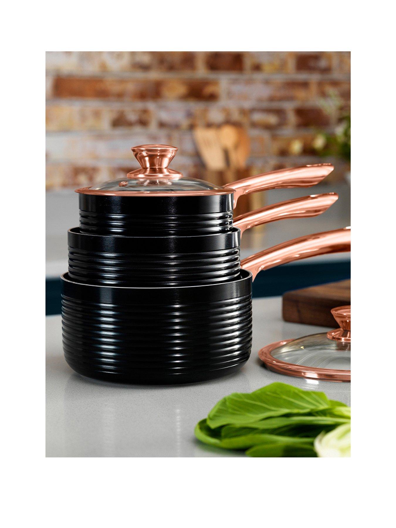 Tower Linear Rose Gold 3-Piece Saucepan Set in Black