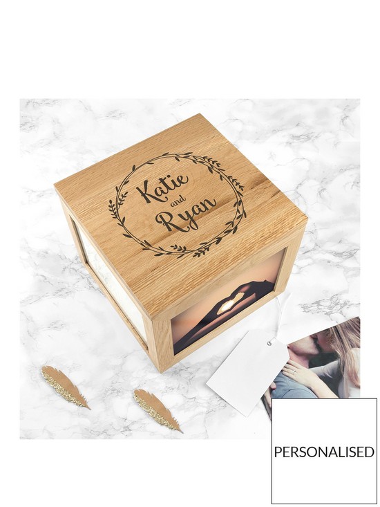 front image of personalised-couples-large-photo-cube-with-wreath-design