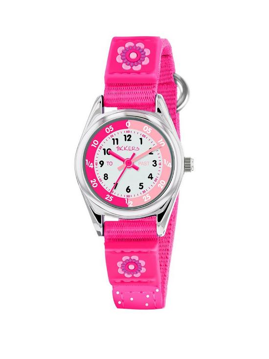 front image of tikkers-pink-velcro-strap-watch-with-a-flower-design