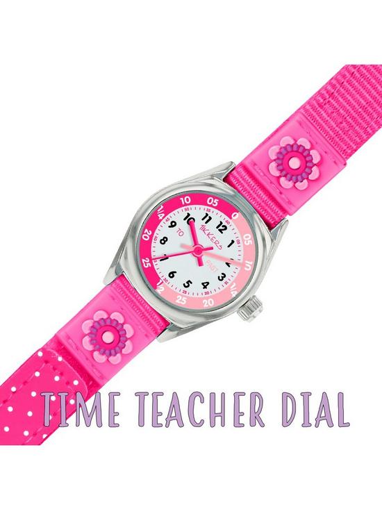 stillFront image of tikkers-pink-velcro-strap-watch-with-a-flower-design
