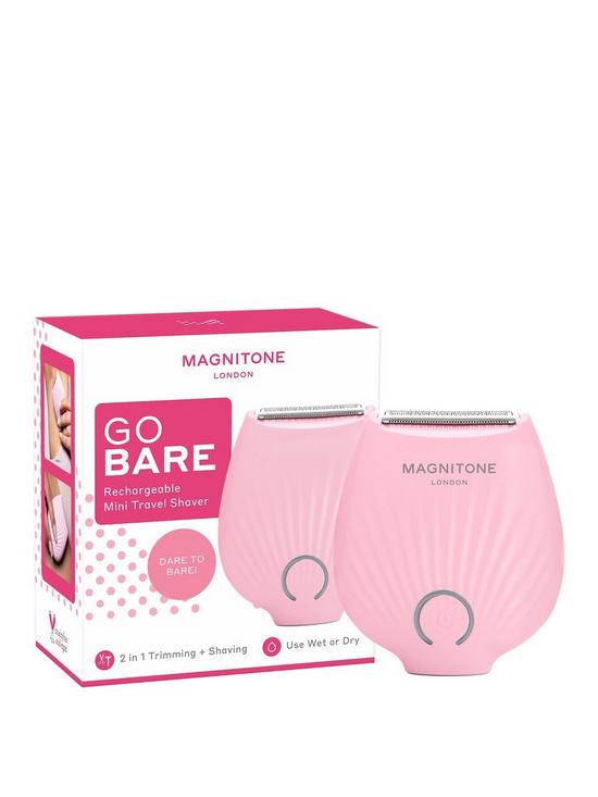 front image of magnitone-go-bare-rechargeable-showerproof-mini-lady-shaver-with-travel-pouch-micro-usb-charge-cable-and-cleaning-brush