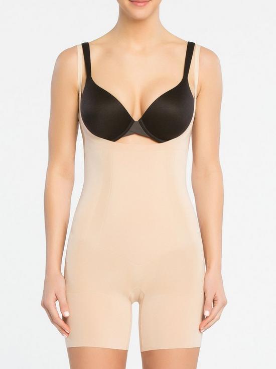 front image of spanx-oncore-open-bust-mid-thigh-bodysuit-nude