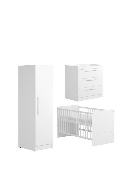 front image of little-acorns-portofino-cot-bed-dresser-and-single-wardrobe-white