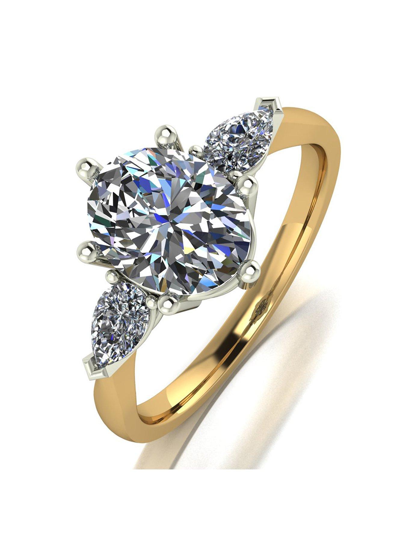 Moissanite 9ct Gold 2.5Ct Eq Total Oval And Pear Shaped Trilogy Ring