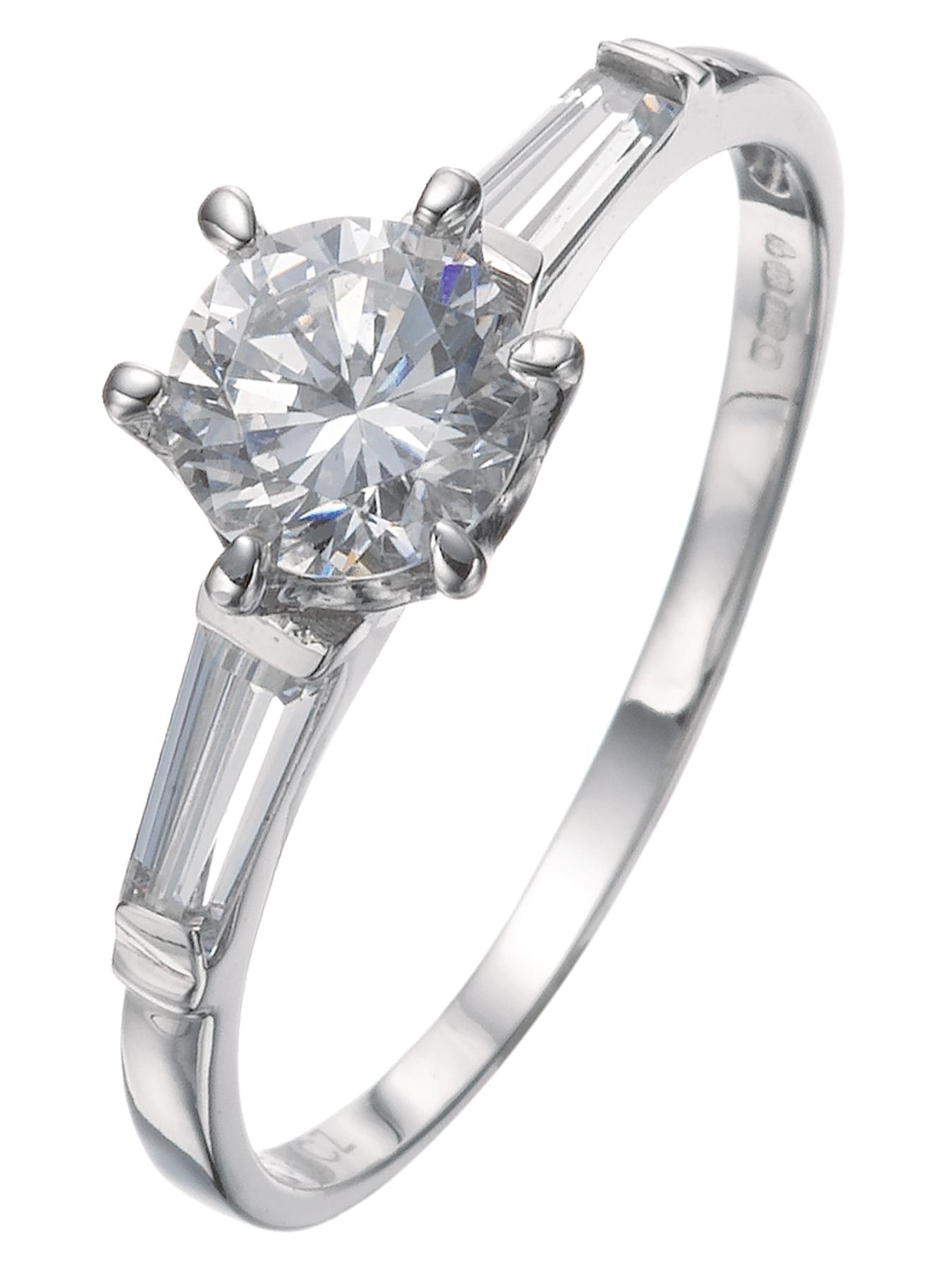The Love Collection 9 Carat White Gold CZ Solitaire Ring with Graduated Stone Set Shoulders
