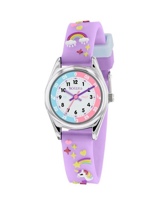 front image of tikkers-white-dial-unicorn-lilac-strap-kids-watch