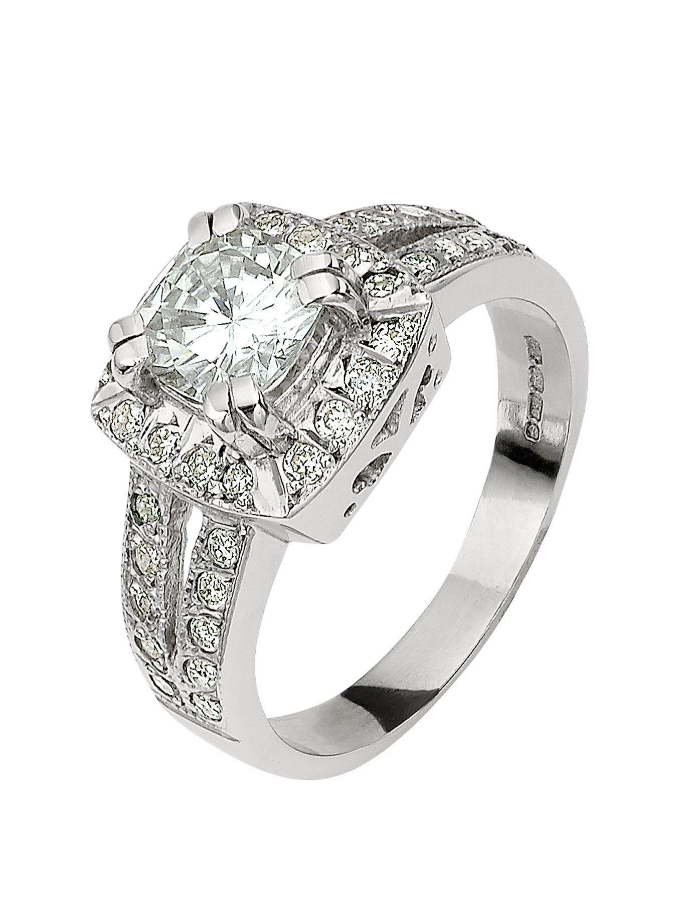 Product photograph of Moissanite 18 Carat White Gold 185 Points Cushion Set Ring With Stone Set Shoulders from very.co.uk