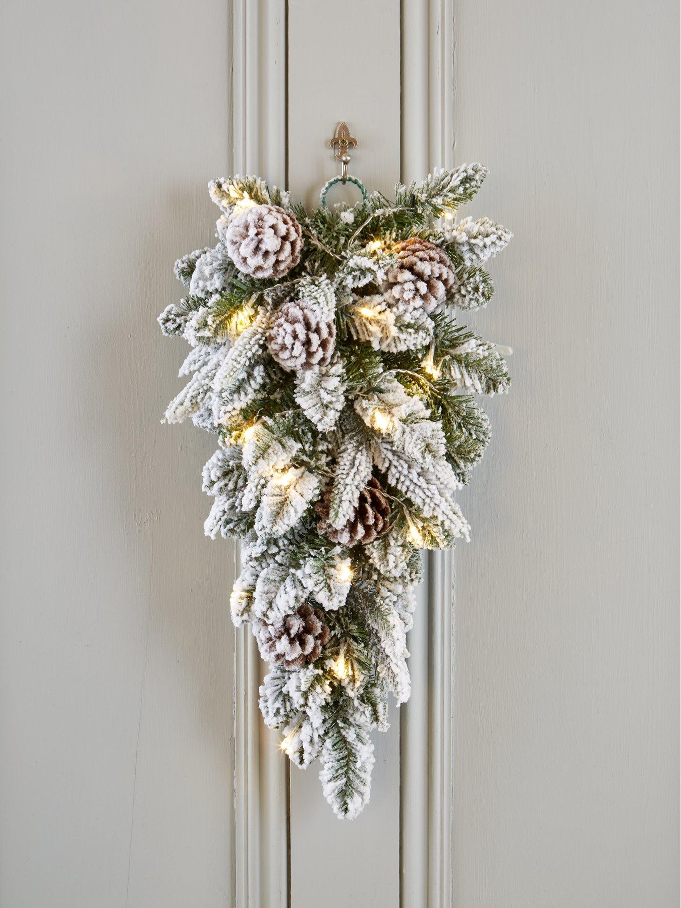 Product photograph of Very Home Flocked Teardrop Shaped Lit Christmas Wreath Hanger - 70cm from very.co.uk