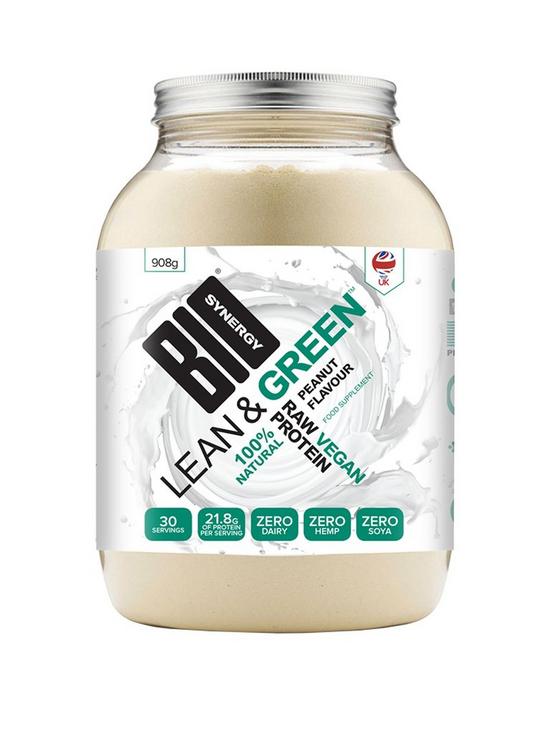 front image of bio-synergy-lean-amp-green-peanut-flavour-vegan-protein-908-grams