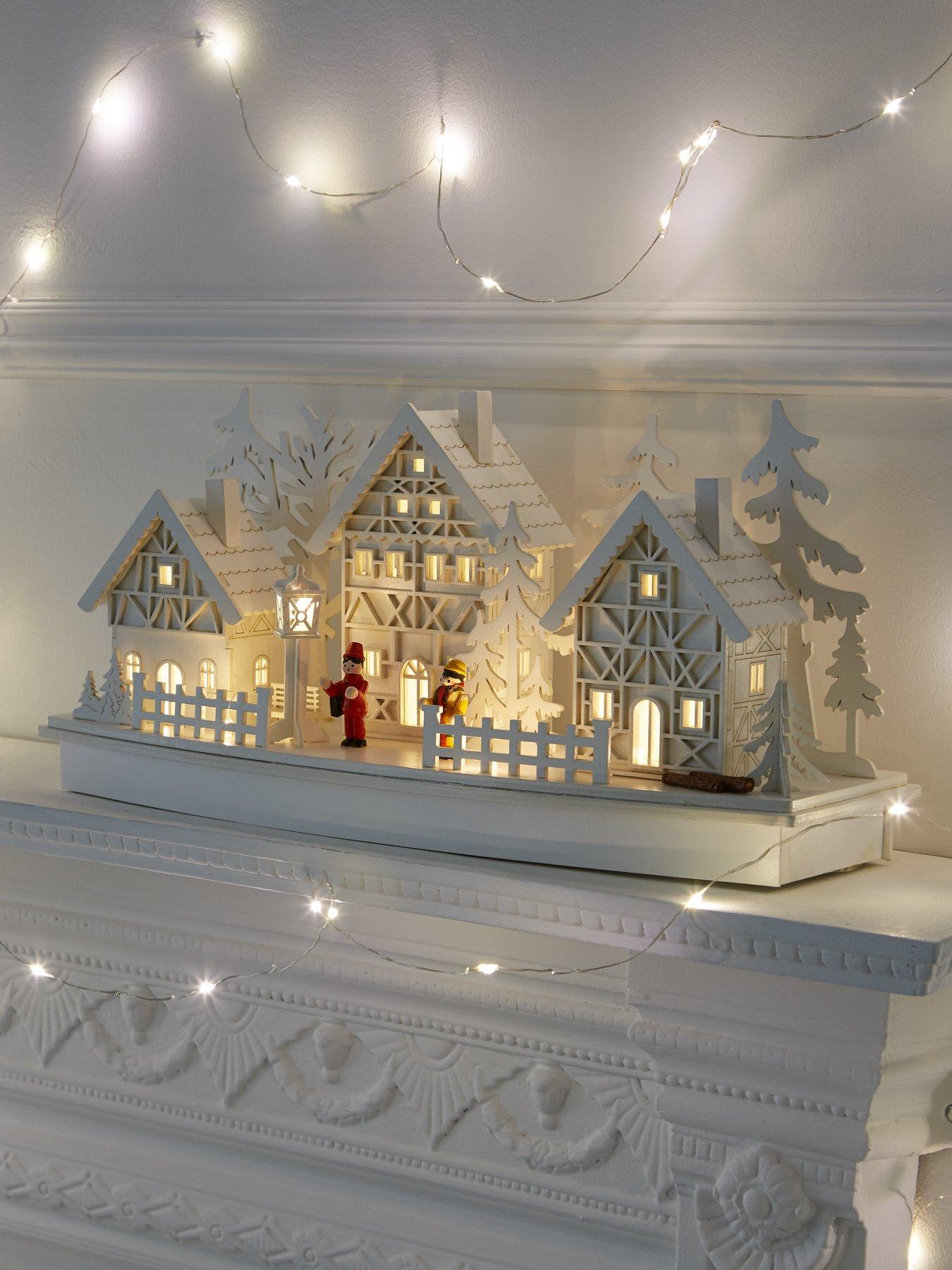 undefined White Wood Lit Village Scene Christmas Decoration