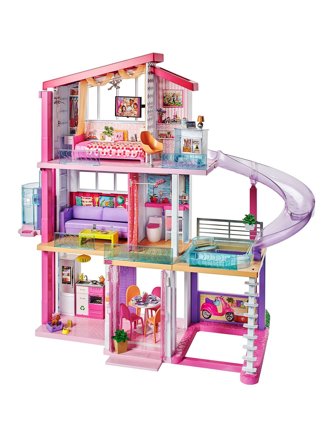 complete barbie house set with 3 dolls and pool