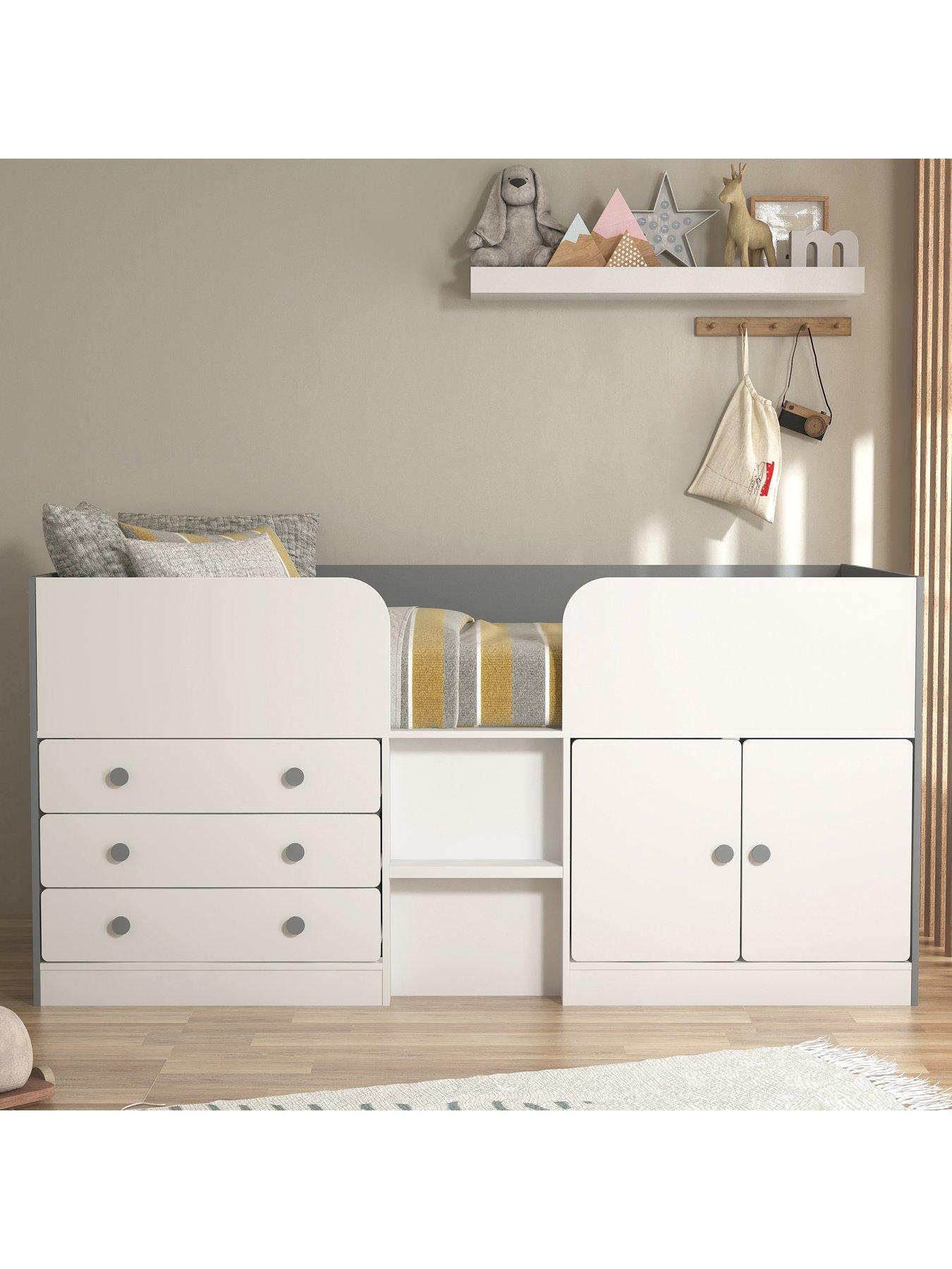 Product photograph of Very Home Peyton Kids Mid Sleeper Bed With Drawers Cupboard And Mattress Options Buy And Save - White Grey - Cabin Bed With Premium Mattress from very.co.uk