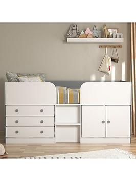 Very Home Peyton Kids Mid Sleeper Bed With Drawers, Cupboard And Mattress Options (Buy And Save!) - White/Grey - Cabin Bed Only