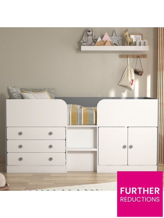 front image of very-home-peyton-kids-mid-sleeper-bed-with-drawers-cupboard-and-mattress-options-buy-and-save-whitegrey