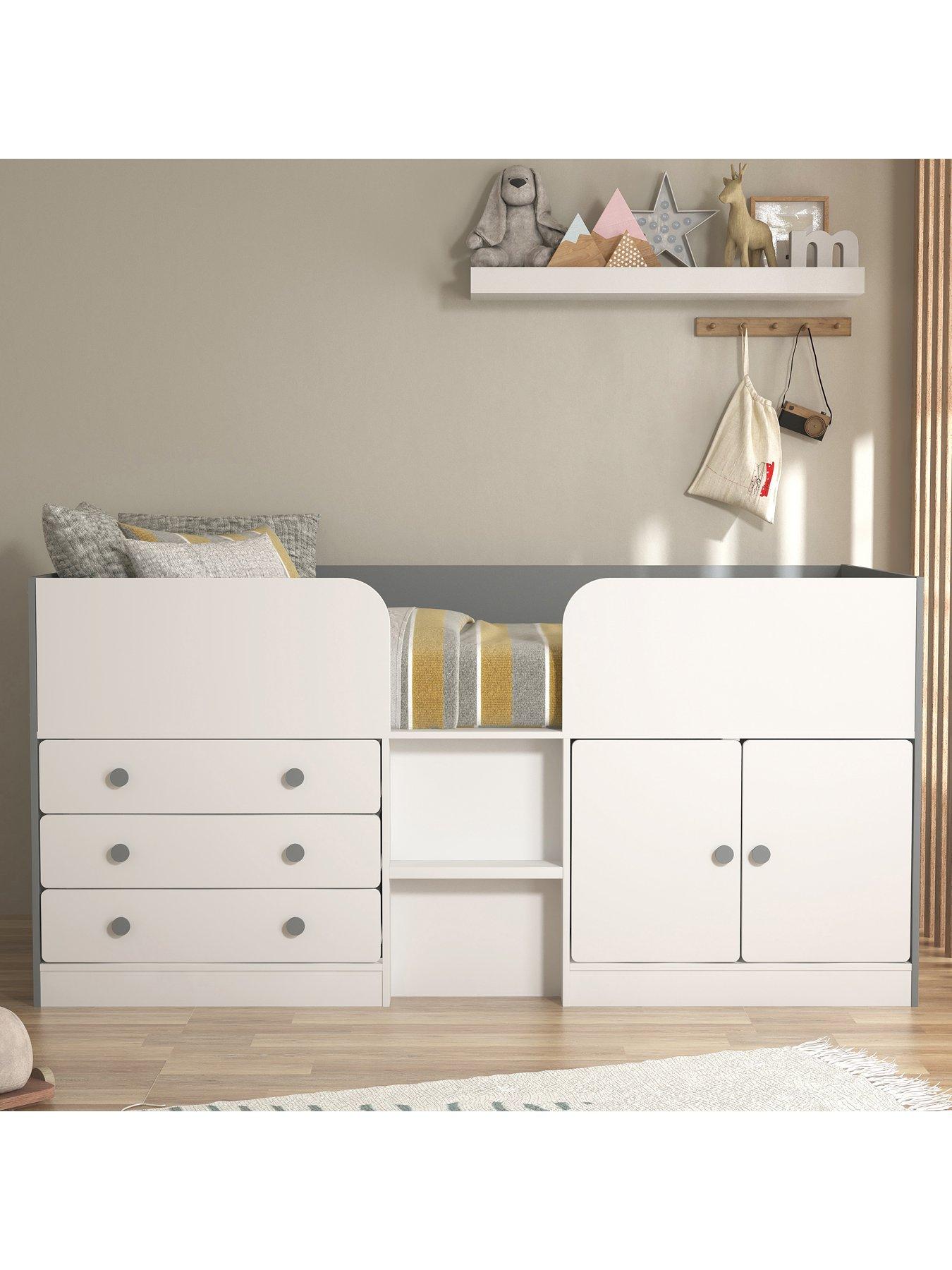 Very Home Peyton Kids Mid Sleeper Bed with Drawers, Cupboard and Mattress Options (Buy and SAVE!) - White/Grey