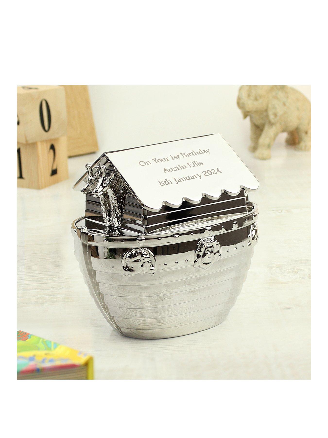 Product photograph of The Personalised Memento Company Personalised Silver Noah S Ark Money Box from very.co.uk