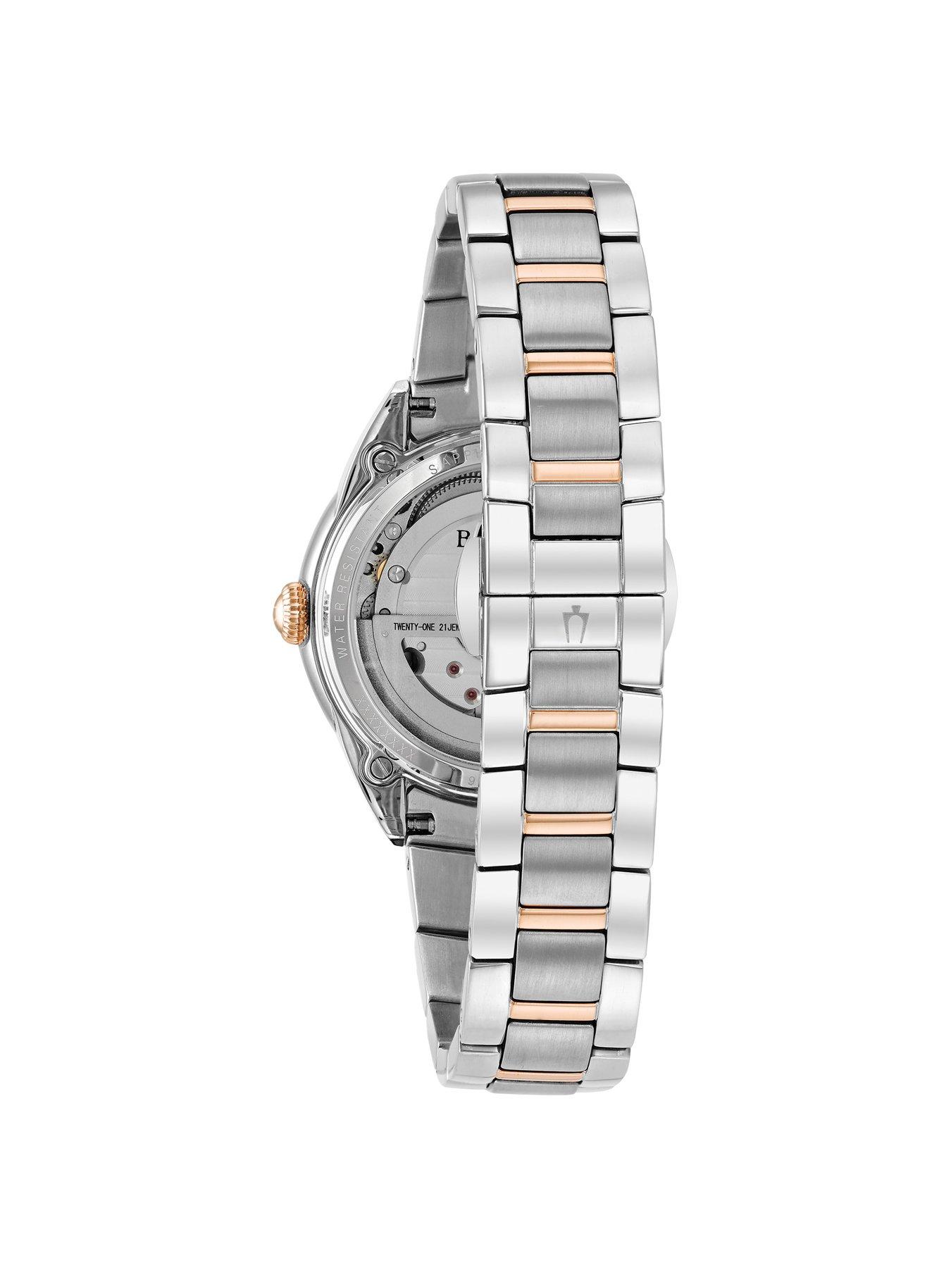 Women Classic Mother of Pearl and Diamond Rose Gold Skeleton Dial With Two Tone Stainless Steel Bracelet Ladies Watch