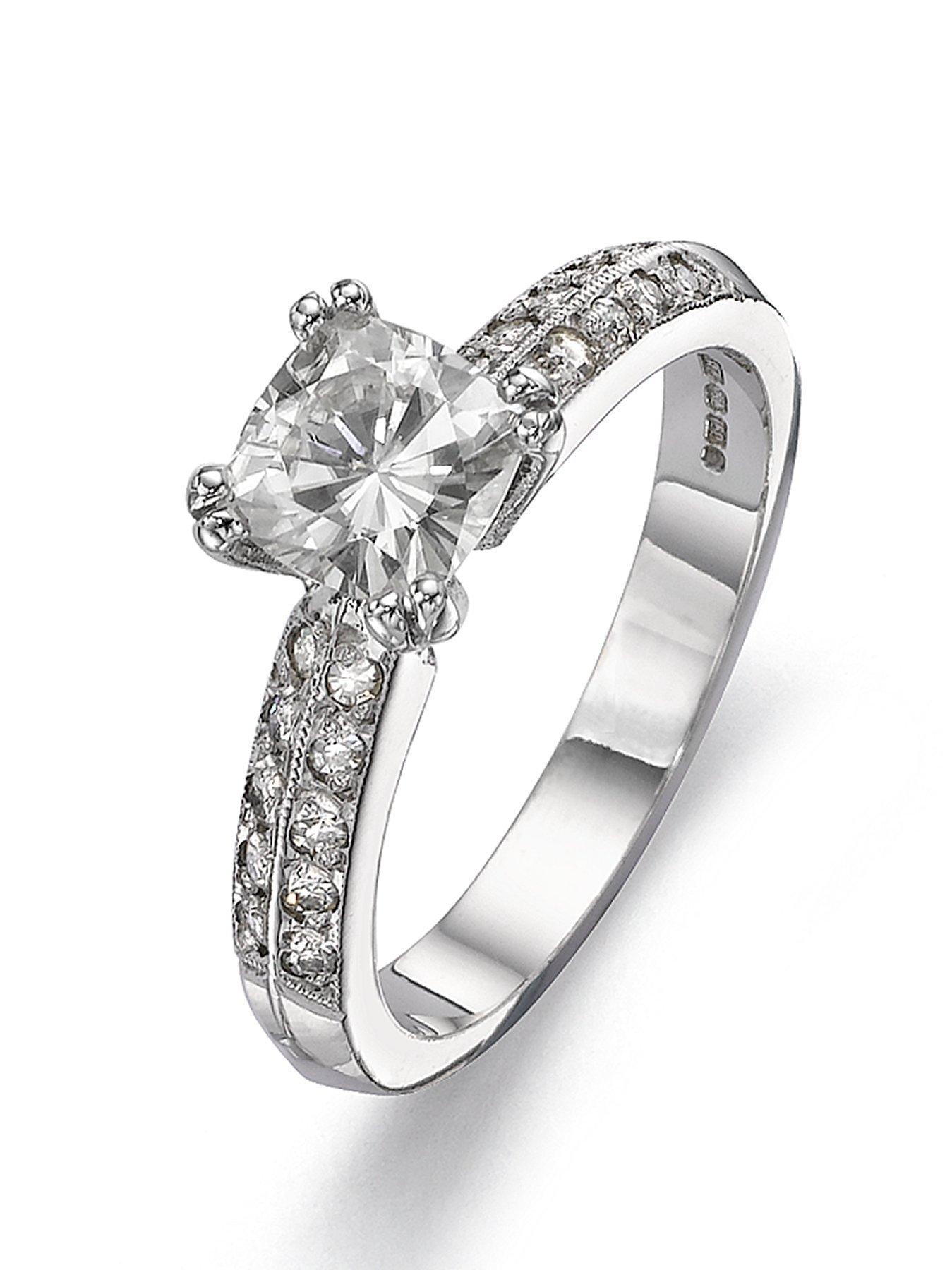 Product photograph of Moissanite 18 Carat White Gold 100pt Equivalent Cushion Cut Ring from very.co.uk