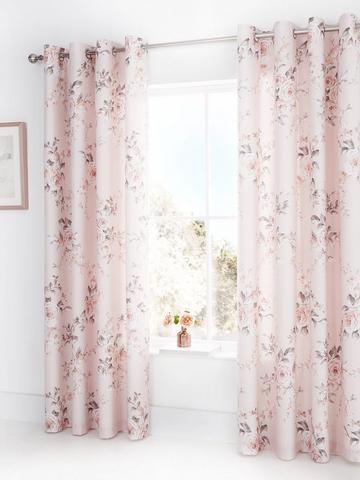 Catherine Lansfield Fully Lined Aztec Geometric Eyelet Curtains Blush
