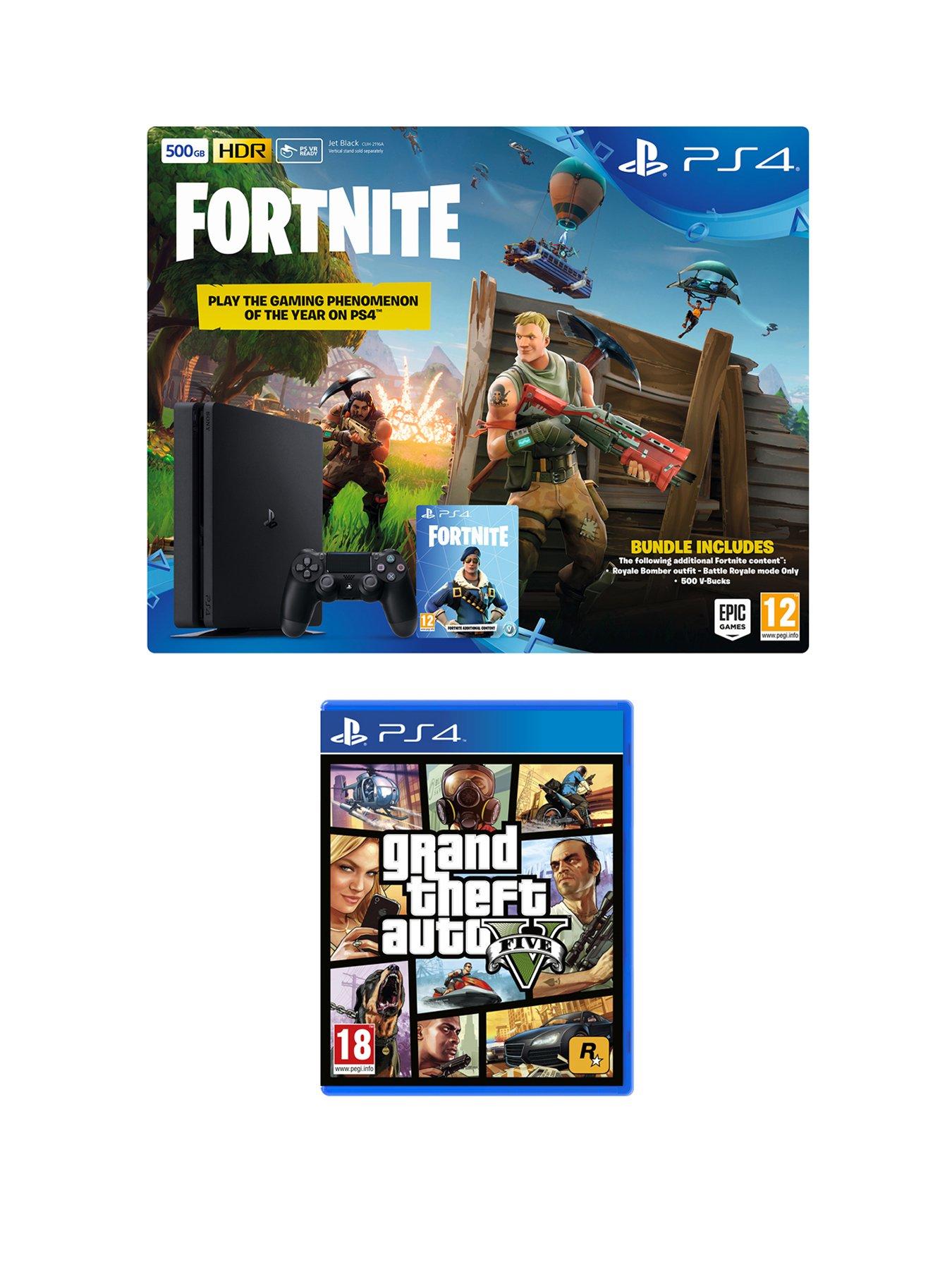 playstation 4 ps4 500gb black console with fortnite royal bomber skin and 500 v bucks with grand theft auto 5 gta v plus optional extra controller and or - fortnite gta 5