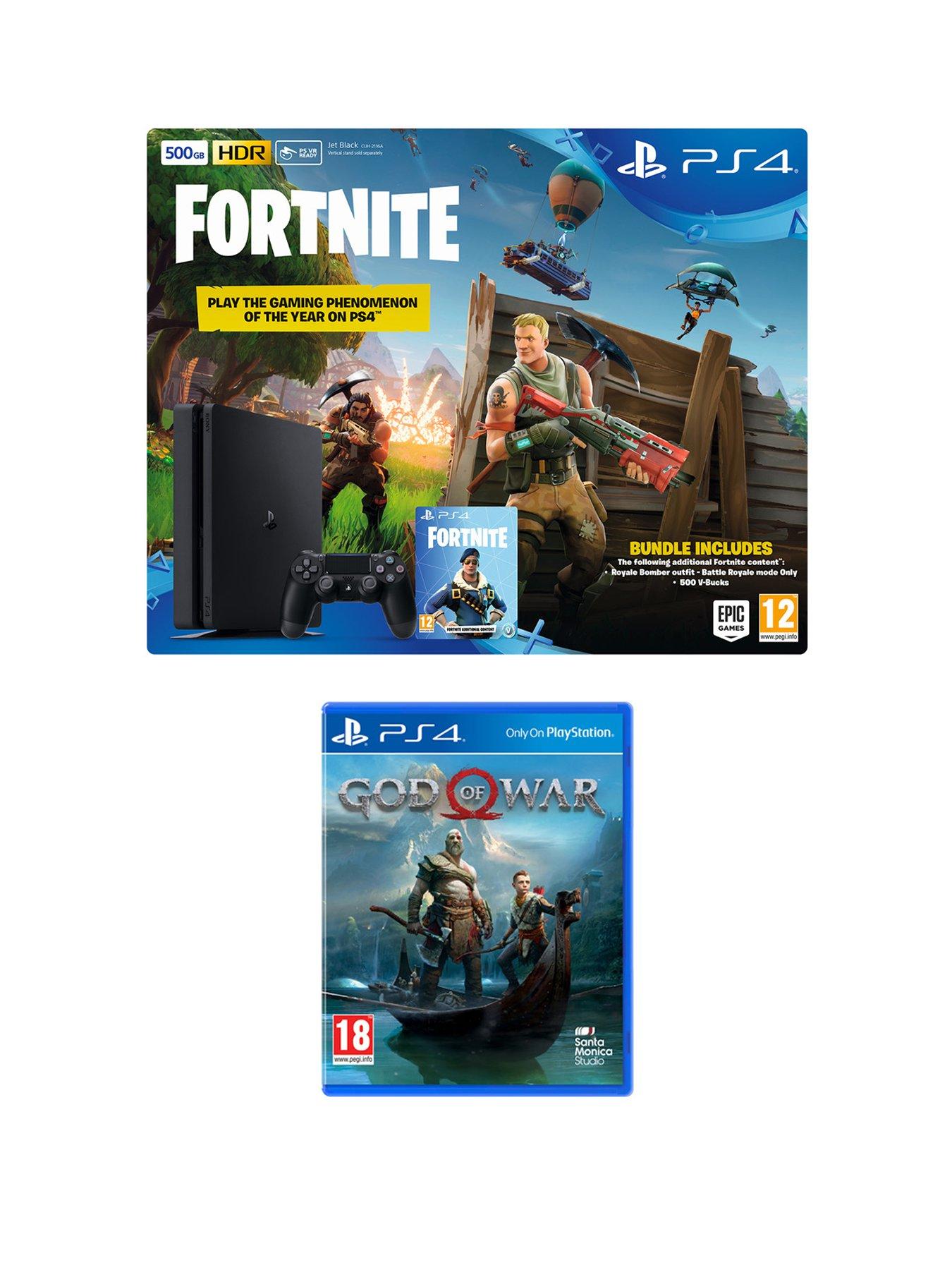 playstation 4 ps4 500gb black console with fortnite royal bomber skin and 500 v bucks with god of war plus optional extras - fortnite v bucks 399